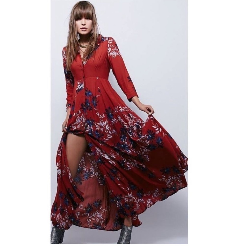 Free people red after storm floral print boho maxi button down dress size 10